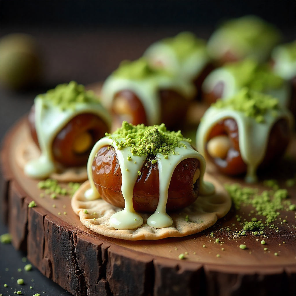 DÁTILES APLASTADOS CON MATCHA Y CHOCOLATE BLANCO