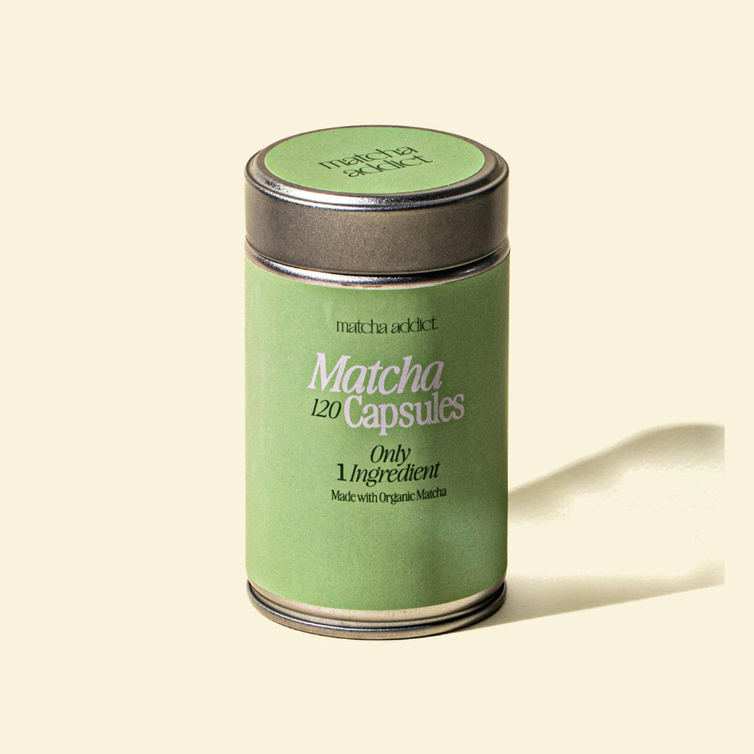 Lata de 120 cápsulas de matcha orgánico de Matcha Addict