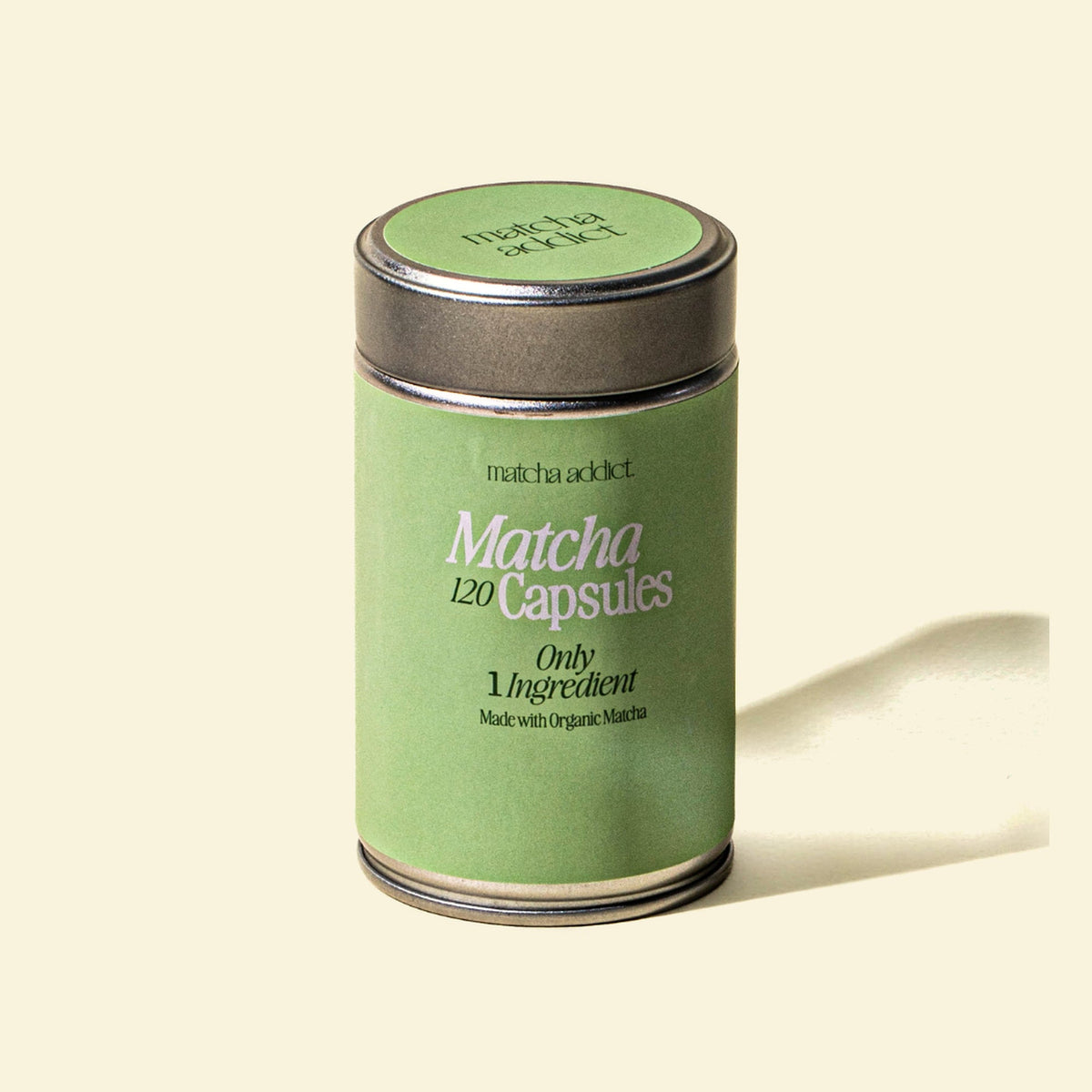 Lata de 120 cápsulas de matcha orgánico de Matcha Addict