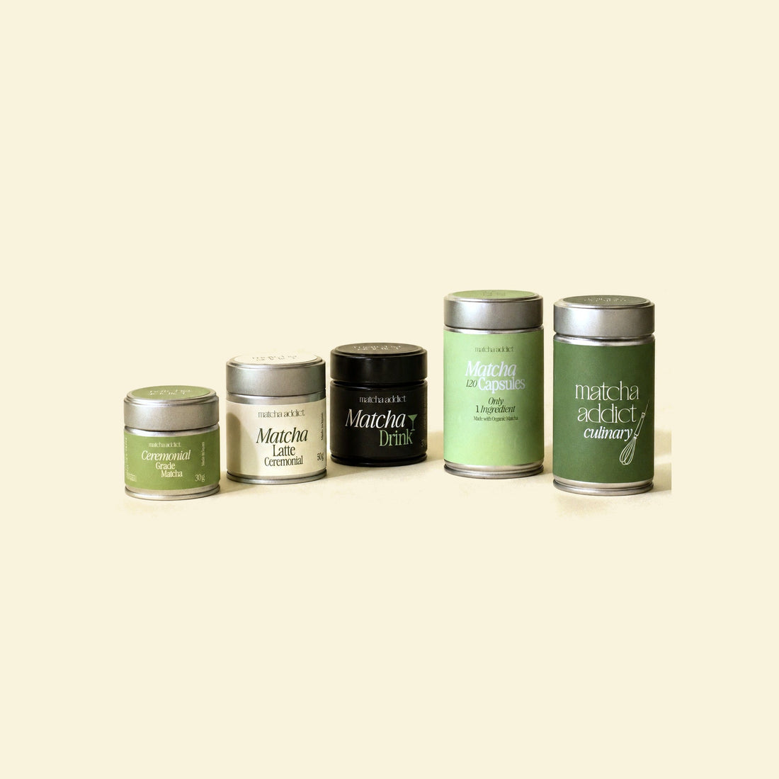 Colección completa de latas de matcha de Matcha Addict: ceremonial, latte, drink, cápsulas y culinario