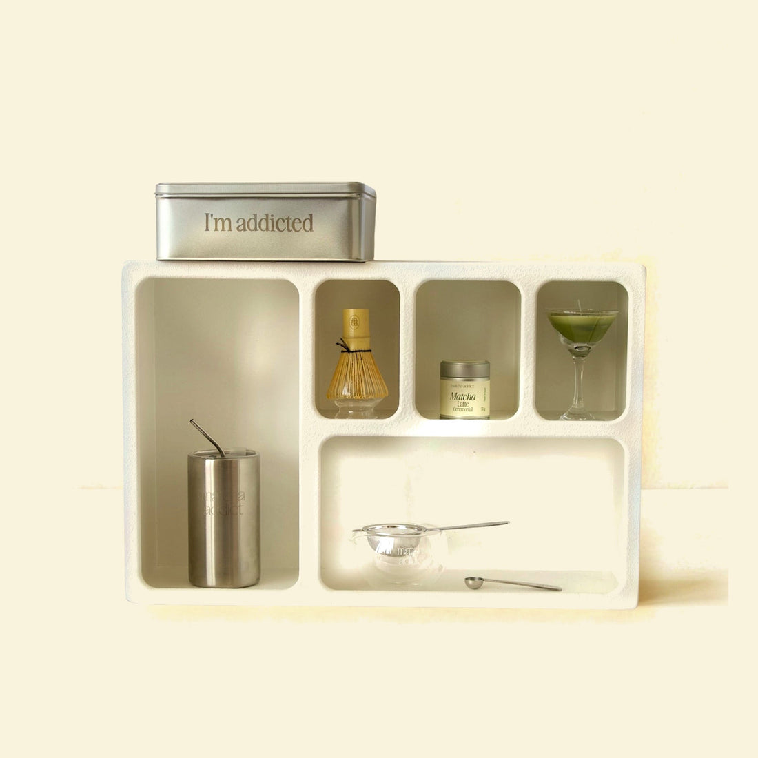 Matcha Station set completo de Matcha Addict con organizador marfil, tumbler, chasen y accesorios